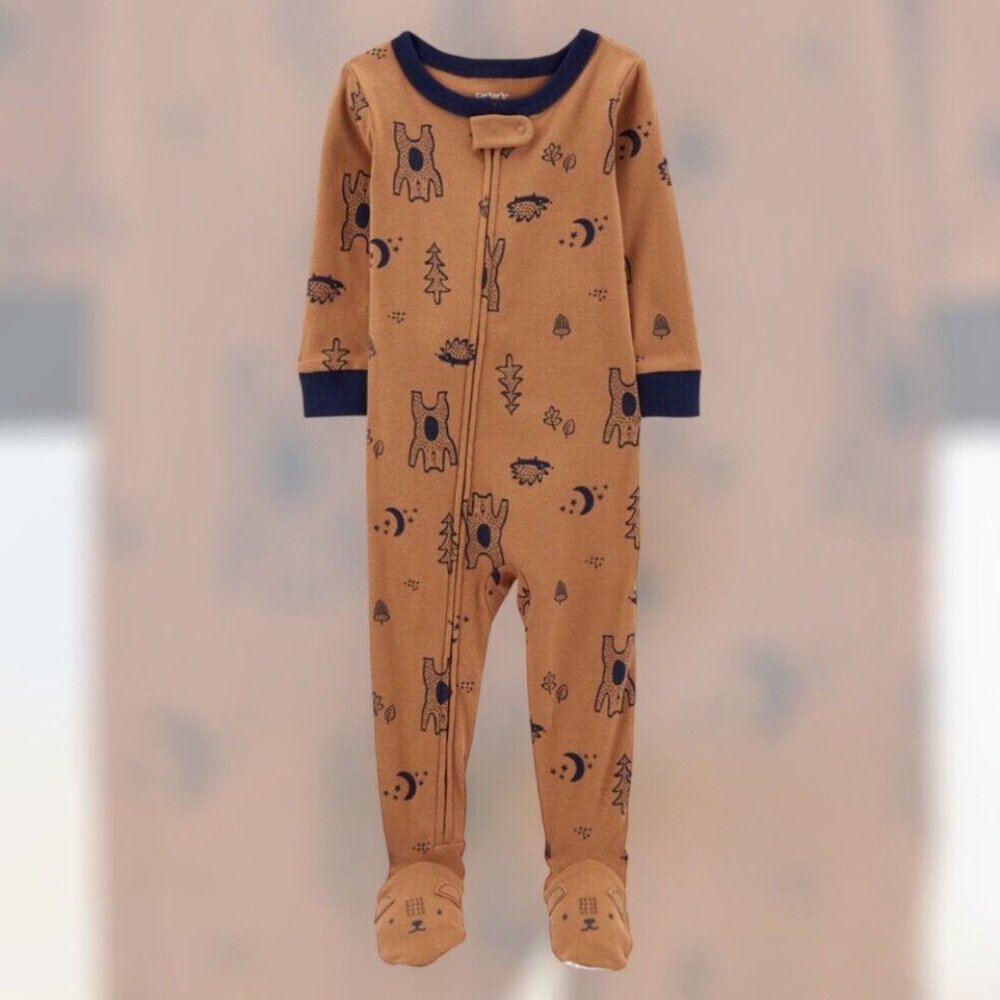 CARTER'S 4T Boys Brown One Piece Footed PJ Bear Porcupine Trees Long Sleeve NWT